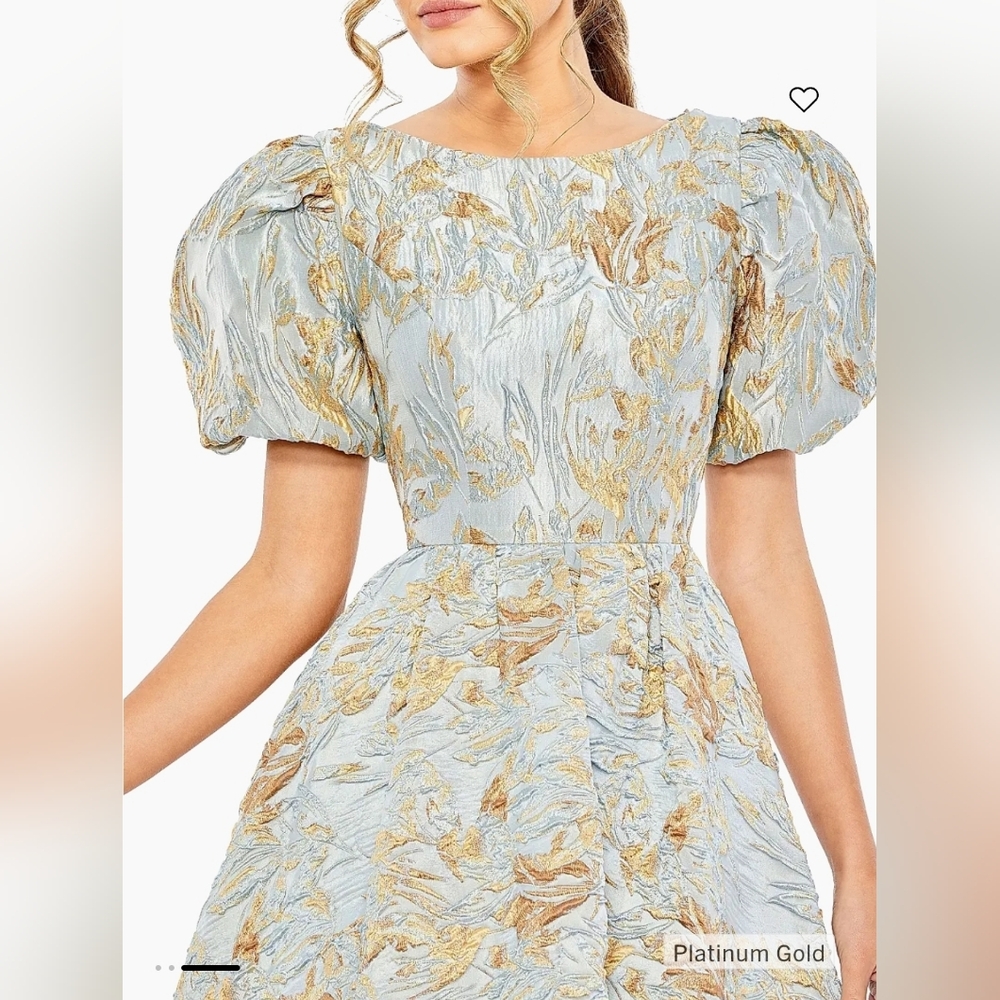 NWT MAC DUGGAL Puff Sleeve Brocade Gown Light Blue Hi Low Hem Size 14 - Picture 3 of 15